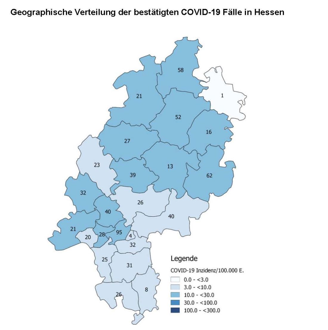 Geographische Verteilung der bestätigten COVID-19 Fälle in Hessen