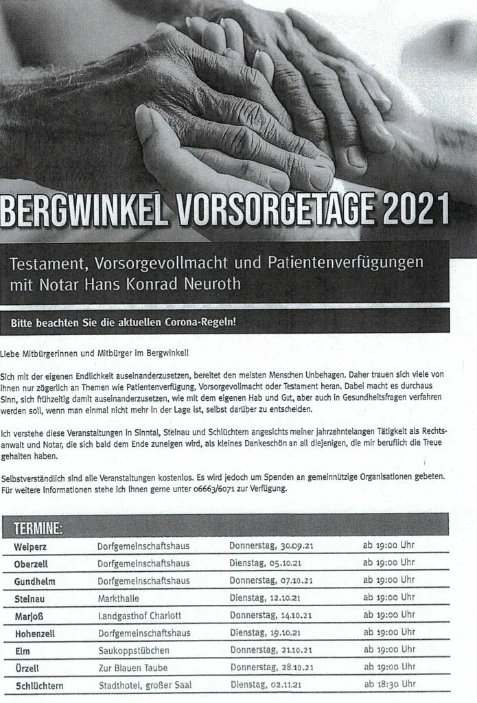„Bergwinkel Vorsorgetage 2021“ mit Hans Konrad Neuroth