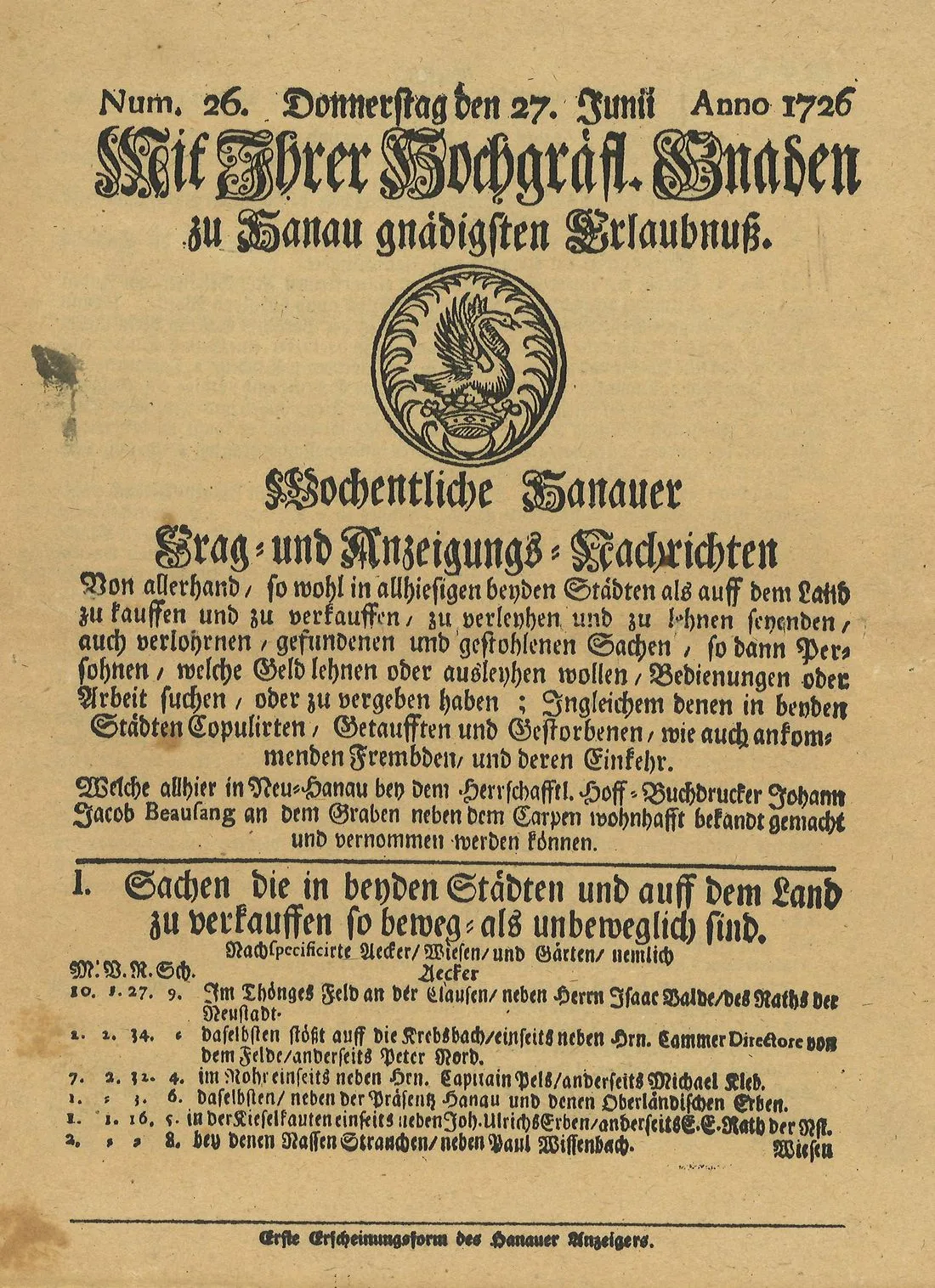 Früheste Ausgabe des Hanauer Anzeigers: Objekt der Woche #297