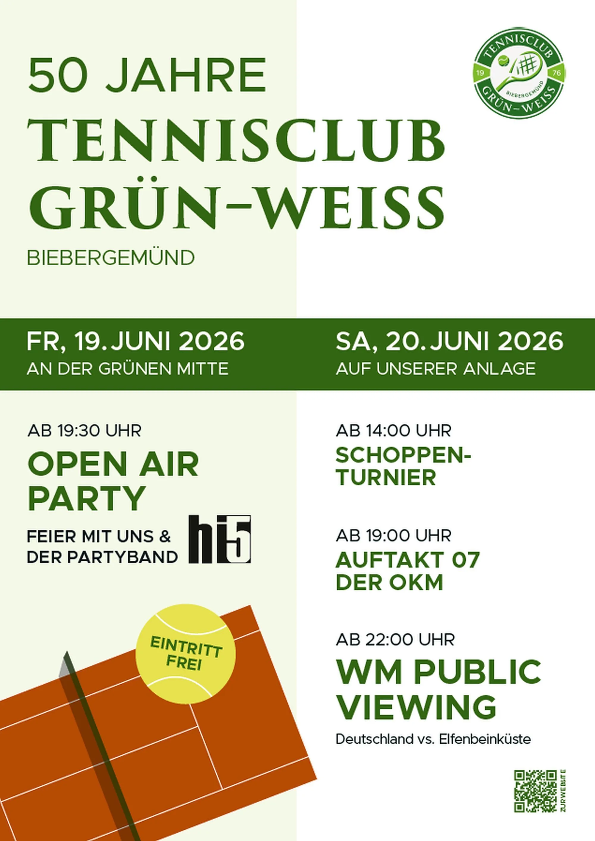 50 Jahre Tennisclub Grün-Weiß Biebergemünd: Open-Air-Party am 19. Juni mit „Hi5“